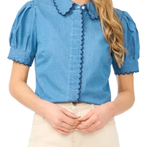 Scallop Trim Puff Sleeve Denim Placket Button-Up Shirt