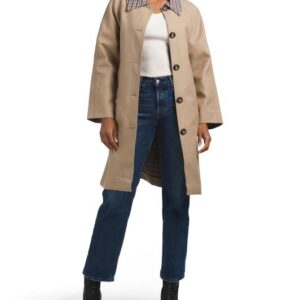 Plaid Collar Bonded Cotton Blend Trench Coat