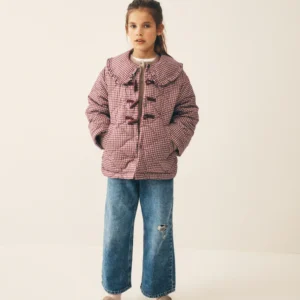 Burgundy Check Shower Resistant Frill Collar Quilted Jacket