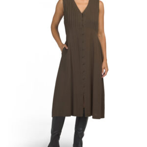 Linen Blend Pleated Bodice Midi Dress