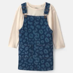 Toddler Girl 2-Piece Leopard Long-Sleeve Overall Set - Dark Wash