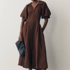 Puff-Sleeve Textured Midi Shirtdress