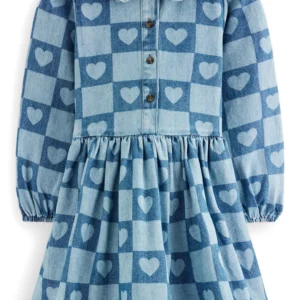 Kids' Heart Checks Print Long Sleeve Denim Shirtdress