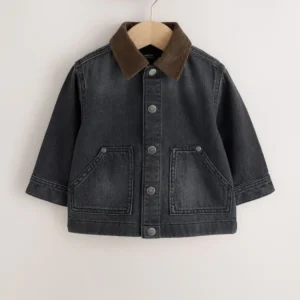 Black Denim Long Sleeve Cord Collar Overshirt