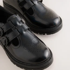 Black Iridescent Patent T-Bar Double Buckle School Shoes