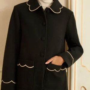 Black Mid Length Scallop Trim Dolly Coat
