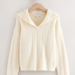 Ecru Ribbed Knit Sweater With Crochet Sailor Collar