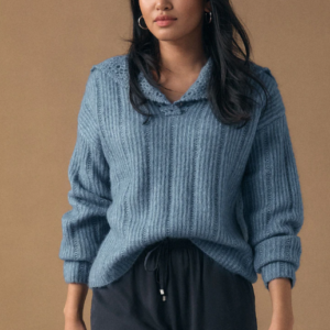Chambray Blue Ribbed Knit Sweater With Crochet Sailor Collar