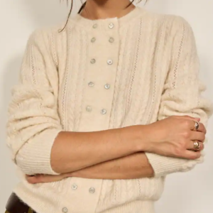 Ecru Pointelle Cable-Knit Cardigan with Wool