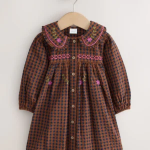 Chocolate Brown Embroidered Check Collar Dress