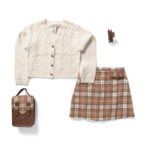 Girls 2pc Sweater And Plaid Skirt Set With Backpack And Claw Clip