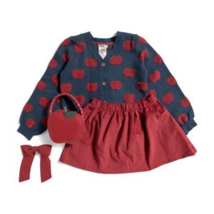Girls 2pc Long Sleeve Apple Cardigan Sweater With Corduroy Skirt Set