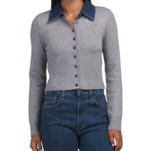 Long Sleeve Cardigan With Denim Collar