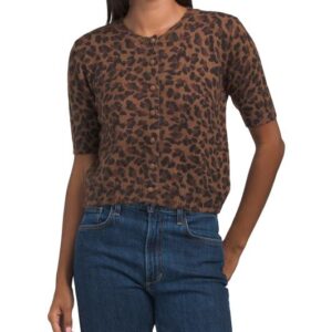 Short Sleeve Crew Neck Animal Print Cardigan